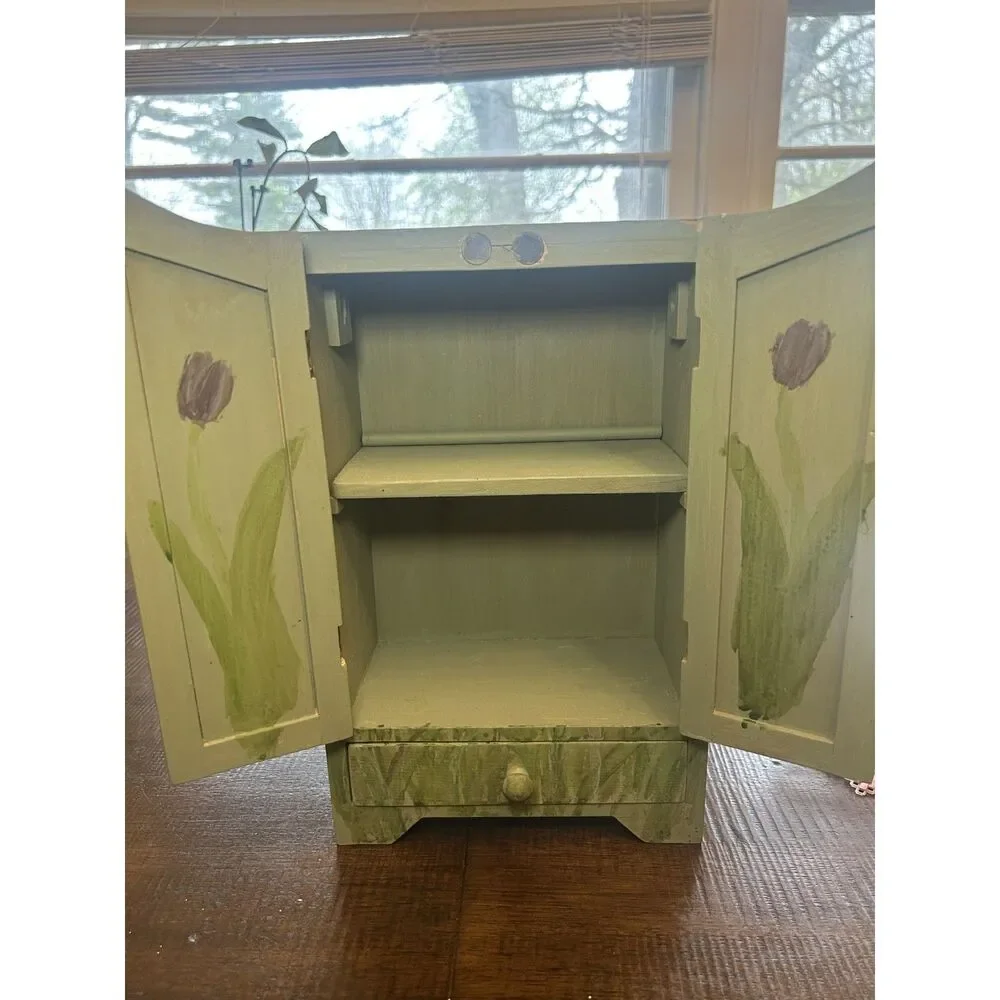 Vintage Hand Painted Wooden Jewelry Box Cabinet Sage Green Tulip Cottagecore